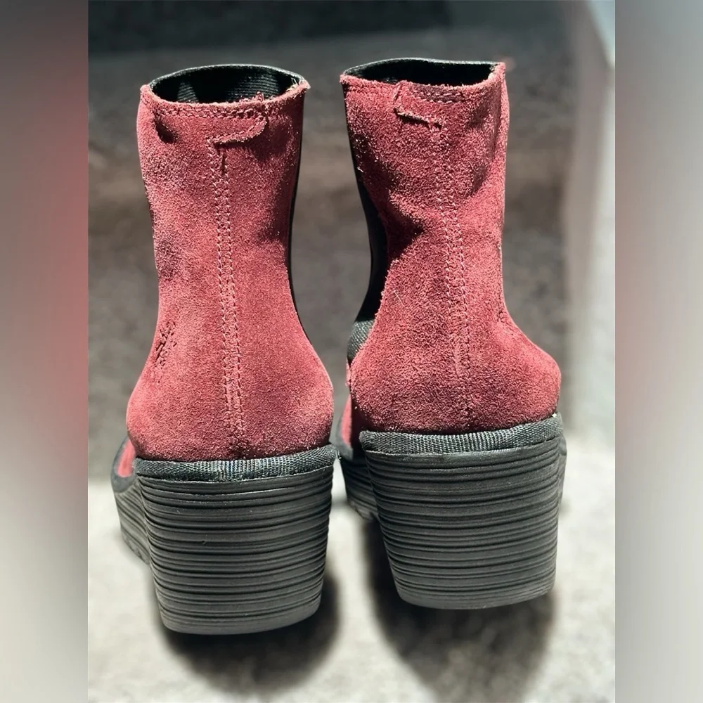 SOLD NEW Fly London Wine Suede Leather Wedge Ankle Boots Pull-On Women’s US 7.5 - Picture 7 of 10